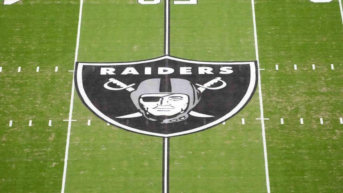  Jan 4, 2026; Paradise, Nevada, USA; The Las Vegas Raiders shield logo at midfield at Allegiant Stadium. Mandatory Credit: Kirby Lee-Imagn Images | Kirby Lee-Imagn Images 