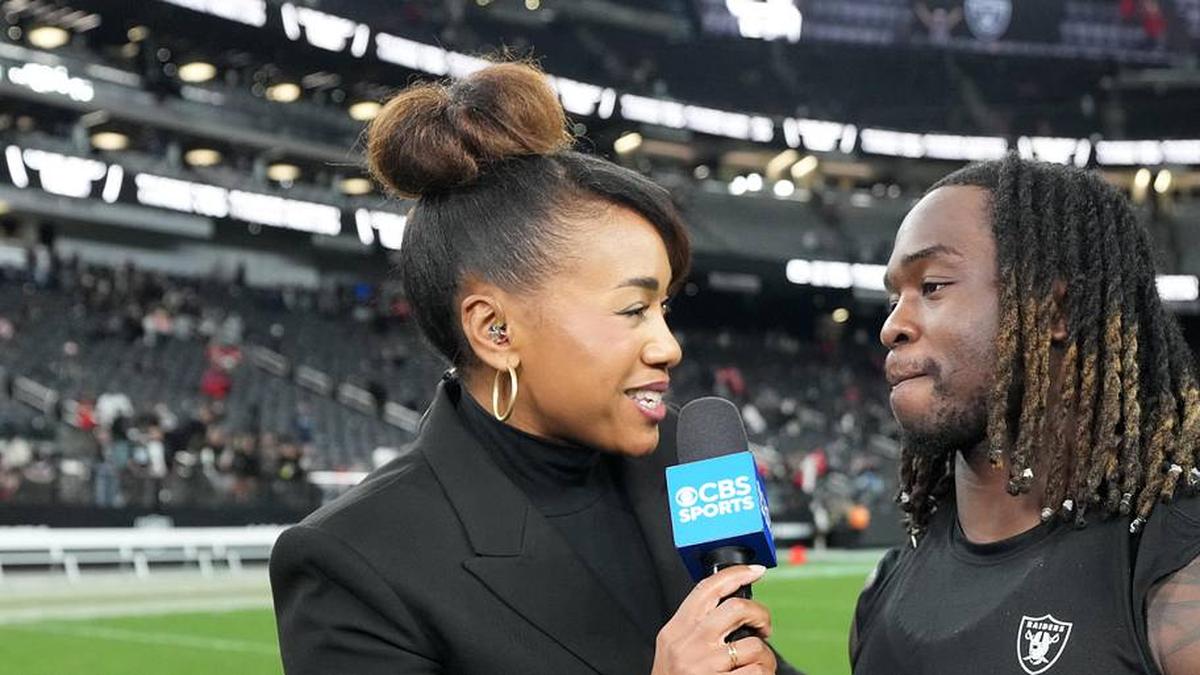  Jan 4, 2026; Paradise, Nevada, USA; CBS Sports reporter Tiffany Blackmon interviews Las Vegas Raiders running back Ashton Jeanty (2) after the game against the Kansas City Chiefs at Allegiant Stadium. Mandatory Credit: Kirby Lee-Imagn Images | Kirby Lee-Imagn Images 