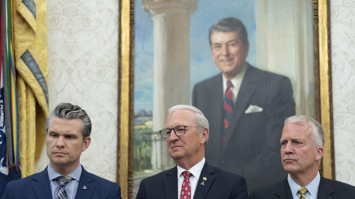 U.S. Secretary of Defense Pete Hegseth (L) and U.S. Sens. Kevin Cramer, R-N.D. and Dan Sullivan, R-Alaska, participate in an announcement by President Donald Trump about moving forward with the Golden Dome at the White House in Washington in May 2025. File Photo by Chris Kleponis/UPI