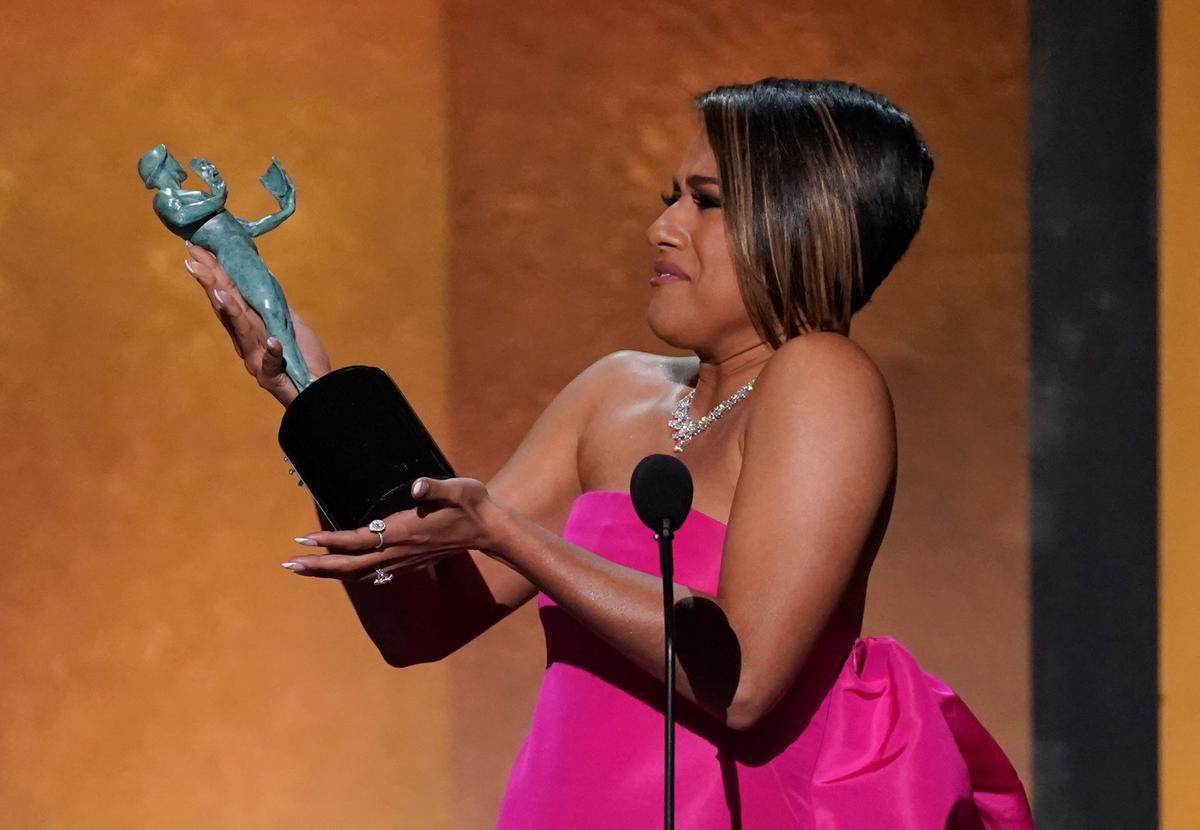 Ariana DeBose accepts the award for outstanding performance by a female actor in a supporting role for “West Side Story” at the 28th annual Screen Actors Guild Awards at the Barker Hangar on Sunday, Feb. 27, 2022, in Santa Monica, Calif.