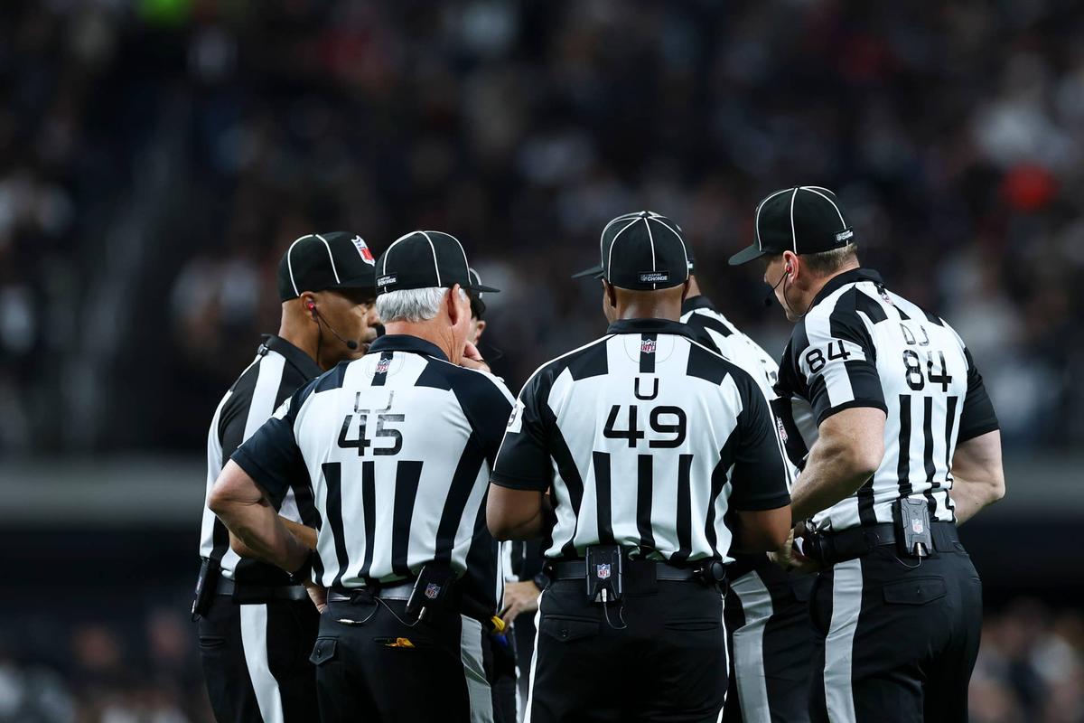  LAS VEGAS, NEVADA - DECEMBER 16: Game officials huddle during the first half between the Las Vegas Raiders and the Atlanta Falcons at Allegiant Stadium on December 16, 2024 in Las Vegas, Nevada. (Photo by Aaron M. Sprecher/Getty Images) 