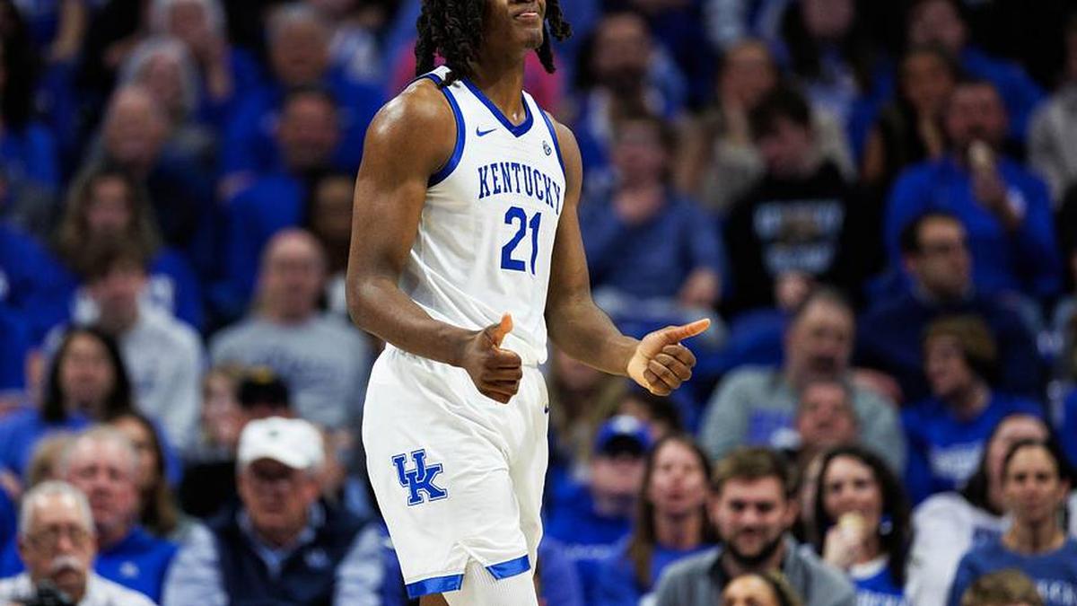  Jan 7, 2026; Lexington, Kentucky, USA; Kentucky Wildcats forward Jayden Quaintance (21) reacts during the second half against the Missouri Tigers at Rupp Arena at Central Bank Center. Mandatory Credit: Jordan Prather-Imagn Images | Jordan Prather-Imagn Images 
