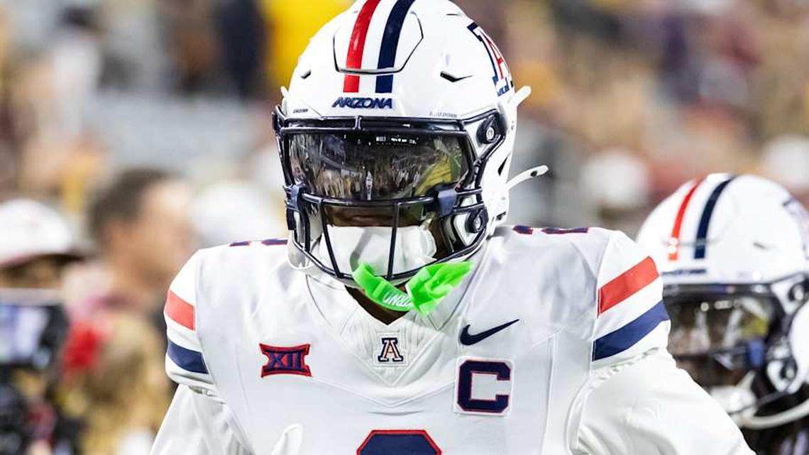  Nov 28, 2025; Tempe, Arizona, USA; Arizona Wildcats defensive back Treydan Stukes (2) against the Arizona State Sun Devils during the 99th Territorial Cup at Mountain America Stadium. Mandatory Credit: Mark J. Rebilas-Imagn Images | Mark J. Rebilas-Imagn Images 
