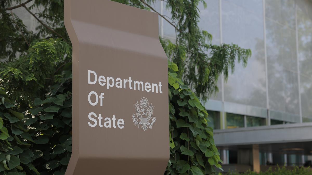 State Department To Reduce Workforce After Supreme Court Ruling Clears Path. A sign for the U.S. Department of State is seen on the outside of the Harry S. Truman Federal Building on on July 11, 2025 in Washington, DC. 