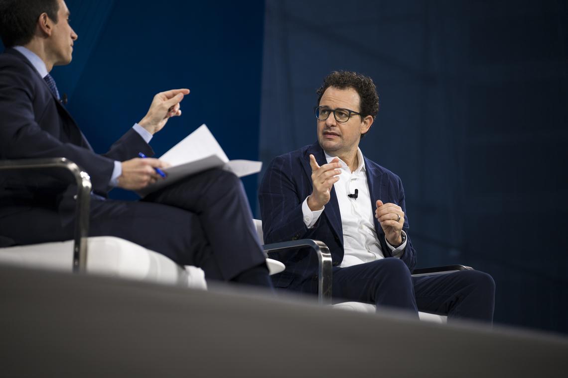 FILE -- Dario Amodei, chief executive of Anthropic, at the Dealbook Summit in Manhattan on Dec. 3, 2025. As Anthropic decides who has access to Mythos, the powerful model has triggered emergency responses from central banks and intelligence agencies globally. (Karsten Moran/The New York Times)..