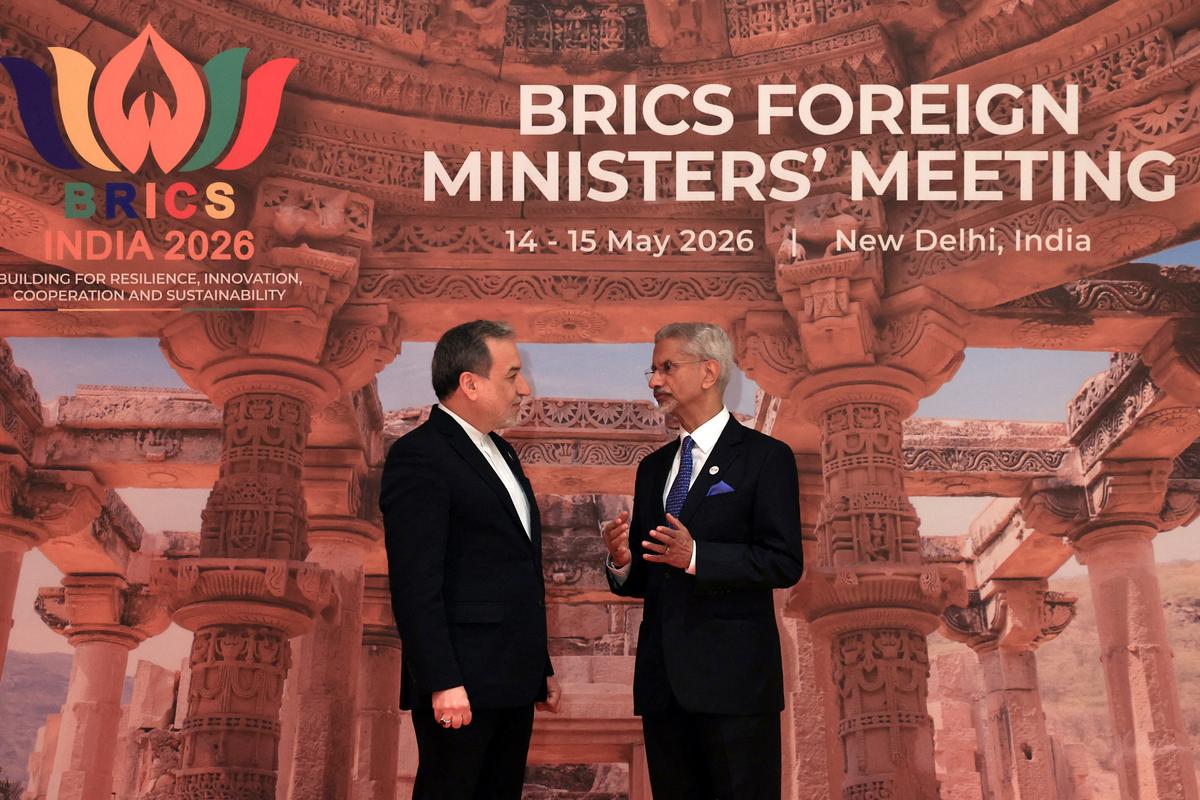 India's Foreign Minister Subrahmanyam Jaishankar welcomes Iran's Foreign Minister Abbas Araqchi during the BRICS foreign ministers' meeting at Bharat Mandapam in New Delhi, India May 14, 2026. REUTERS/Adnan Abidi