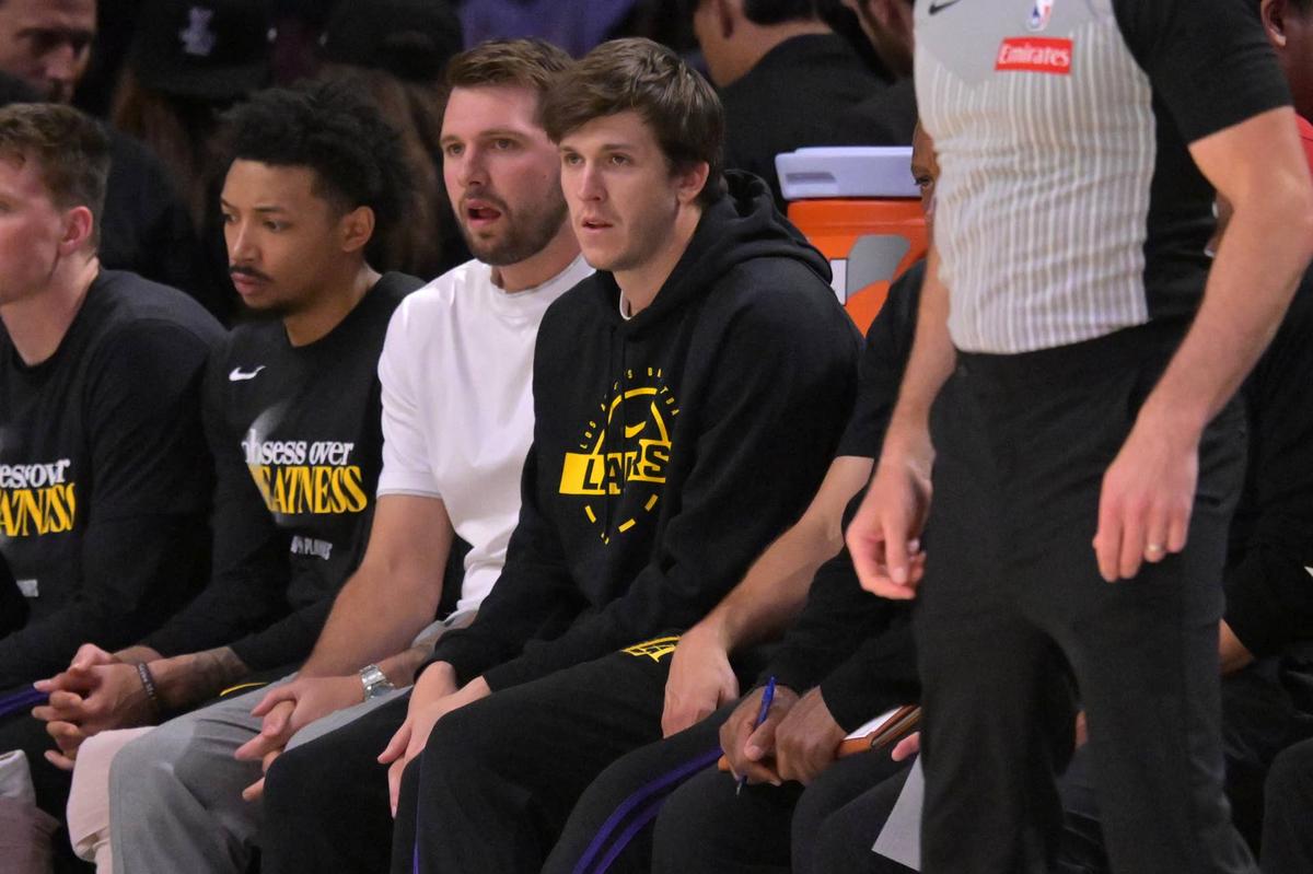  Los Angeles Lakers guard Luka Doncic and guard Austin Reaves on the bench during game two of the first round of the 2026 NBA Playoffs against the Houston Rockets. Jayne Kamin-Oncea-Imagn Images