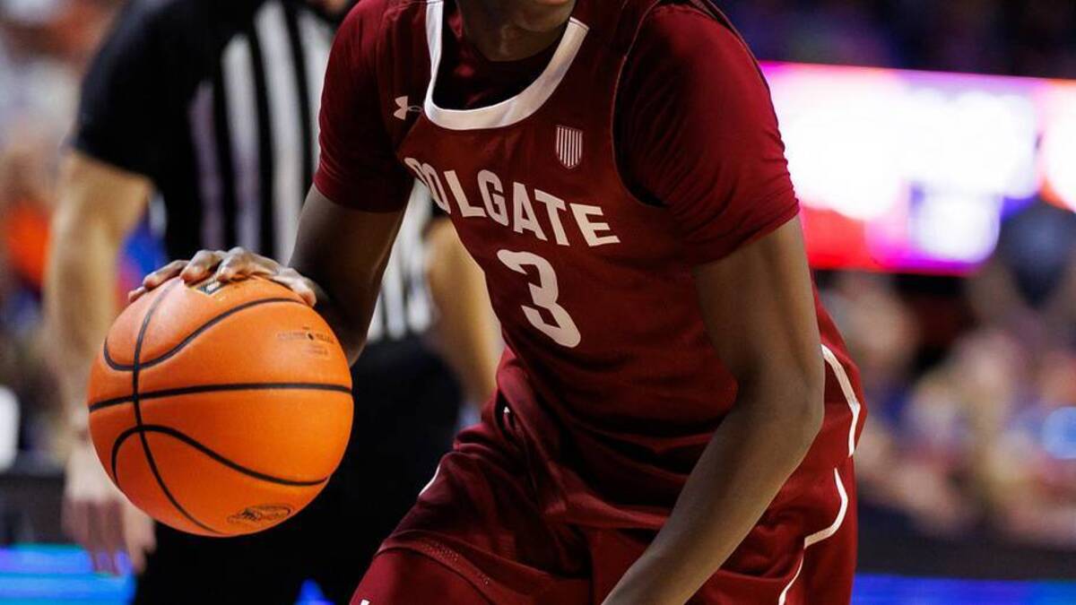  Dec 21, 2025; Gainesville, Florida, USA; Colgate Raiders guard Jalen Cox (3) dribbles the ball against the Florida Gators during the first half at Exactech Arena at the Stephen C. O'Connell Center. Mandatory Credit: Matt Pendleton-Imagn Images | Matt Pendleton-Imagn Images 