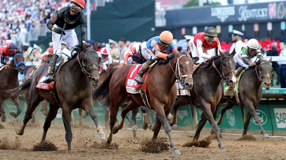 Golden Tempo, left, with Jose Ortiz up, after crossing the finish line to win the 152nd running of the Kentucky Derby at Churchill Downs on Saturday, May 2, 2026, in Louisville, Kentucky. (Rob Carr/Getty Images/TNS)