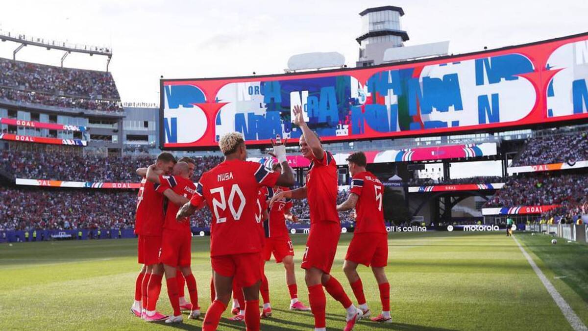  June 16, 2026; Foxborough, Massachusetts, U.S.; Norway's Erling Haaland celebrates scoring their first goal with teammates. Mandatory Credit: Paul Rutherford-Imagn Images | Paul Rutherford-Imagn Images 