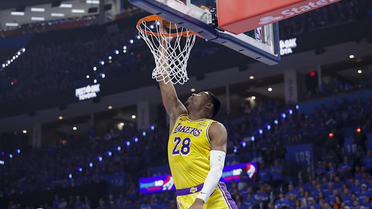  May 5, 2026; Oklahoma City, Oklahoma, USA; Los Angeles Lakers forward Rui Hachimura (28) goes up for a basket against the Oklahoma City Thunder in the first half during game one of the second round of the 2026 NBA Playoffs at Paycom Center. Mandatory Credit: Alonzo Adams-Imagn Images | Alonzo Adams-Imagn Images 
