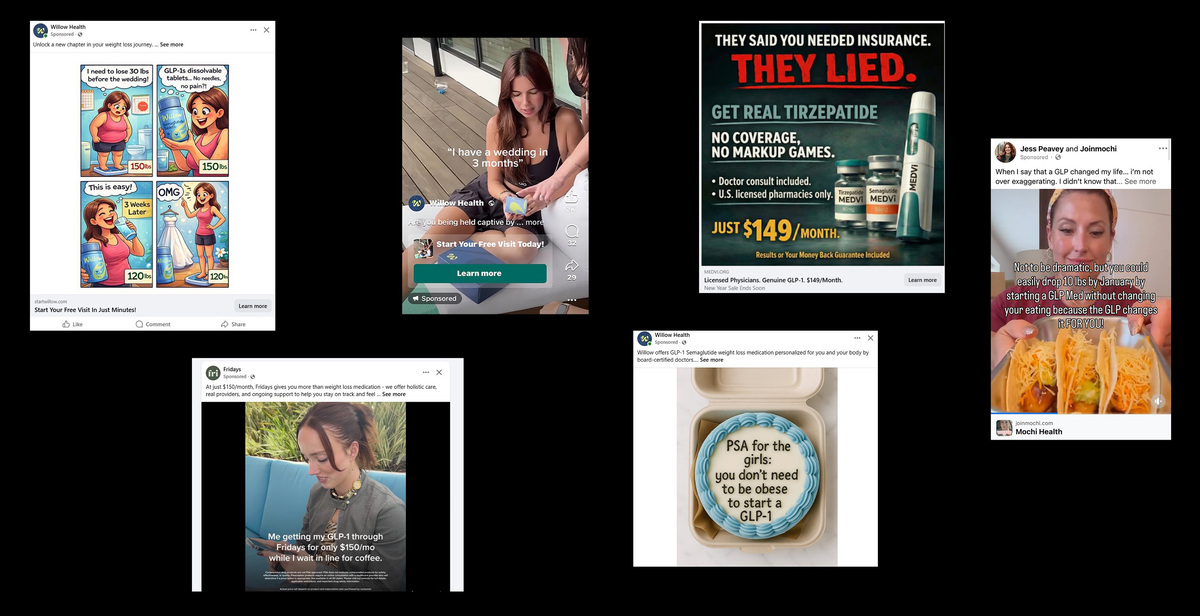 A collage of weight loss drug advertisements on social media from telehealth companies. In recent months/KFF Health News/TNS