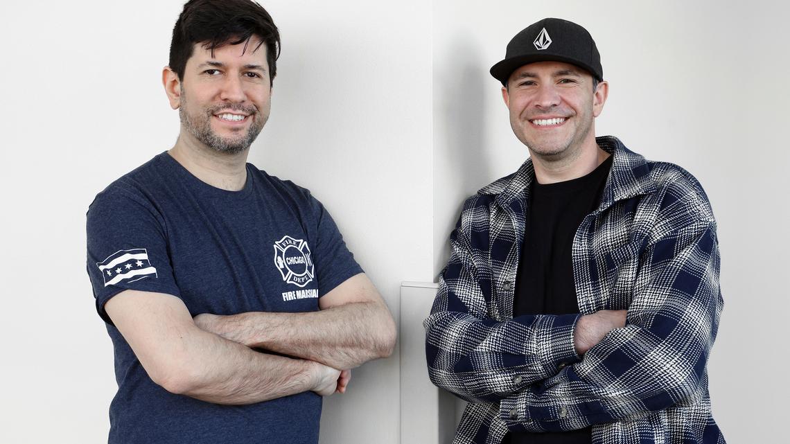 Bill Rosales, left, and Jason Fuggiti meet up at the outpatient center at Loyola University Medical Center in Maywood, Illinois, on Tuesday, April 7, 2026. Fuggiti was at the hospital for follow up care a couple of weeks after donating a kidney to Rosales, who was battling a rare genetic kidney disorder. (Terrence Antonio James/Chicago Tribune/TNS)