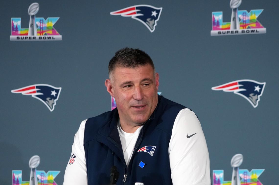  Feb 3, 2026; Santa Clara, CA, USA; New England Patriots head coach Mike Vrabel speaks to the media during Super Bowl LX press conference at Santa Clara Marriott. Mandatory Credit: Kirby Lee-Imagn Images 