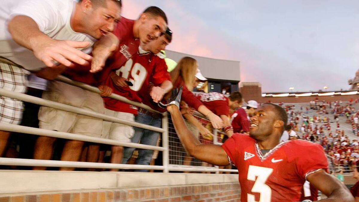  Oct 25, 2008; Tallahassee, FL, USA; Florida State safety Myron Rolle (3) celebrates with fans in the stands after the Siminoles defeated the Hokies 30-20 at Doak Campbell Stadium in Tallahassee, Florida. Mandatory Credit: John David Mercer-USA TODAY Sports | IMAGN IMAGES via Reuters Connect 