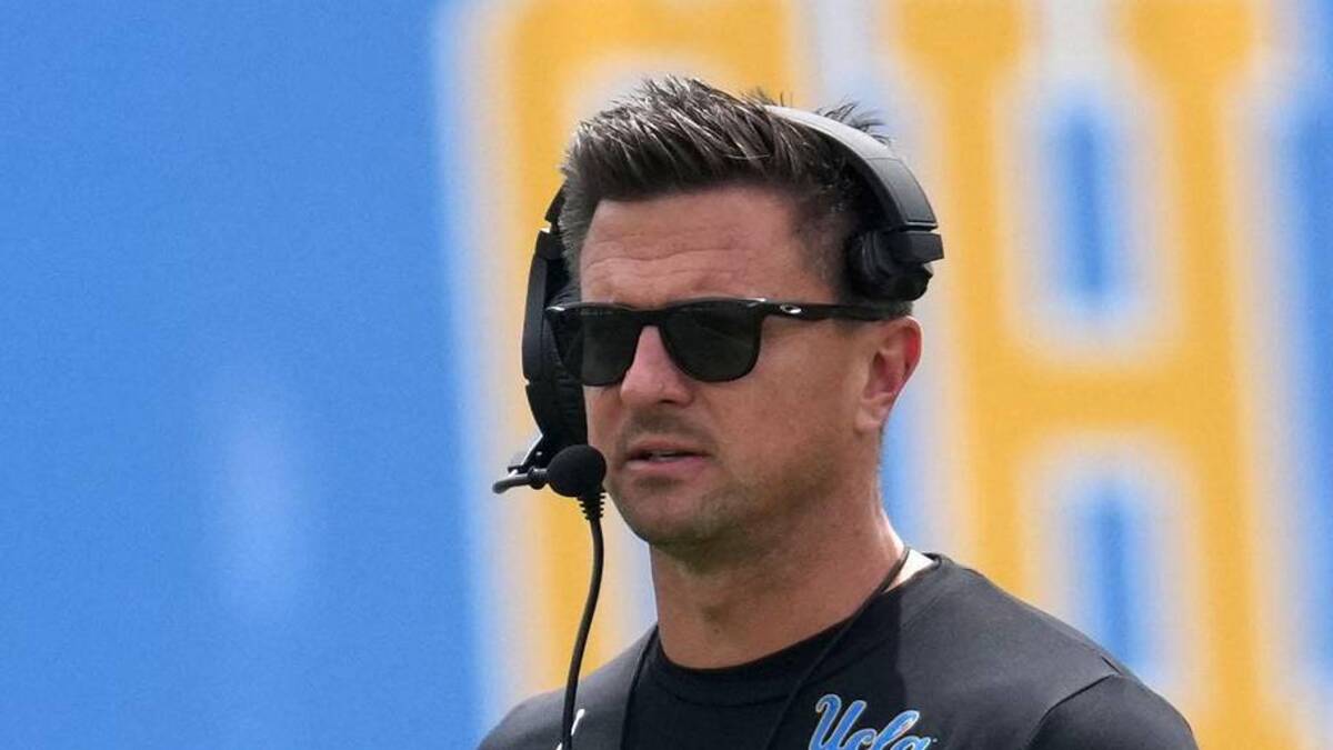  May 2, 2026; Pasadena, CA, USA; UCLA Bruins coach Bob Chesney reacts during the spring game at Rose Bowl. Mandatory Credit: Kirby Lee-Imagn Images | Kirby Lee-Imagn Images 