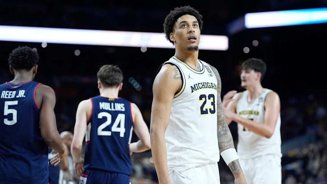  Michigan forward Yaxel Lendeborg (23) on the court during the first half of the NCAA national championship game at Lucas Oil Stadium in Indianapolis on Monday, April 6, 2026. | Junfu Han / USA TODAY NETWORK via Imagn Images 
