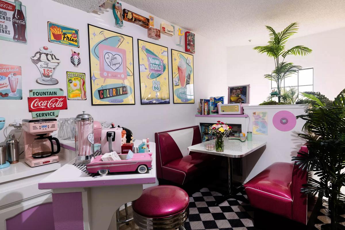 Shahniani enjoys screening movies on the wall in his 1950s-style diner and serving TV dinners.