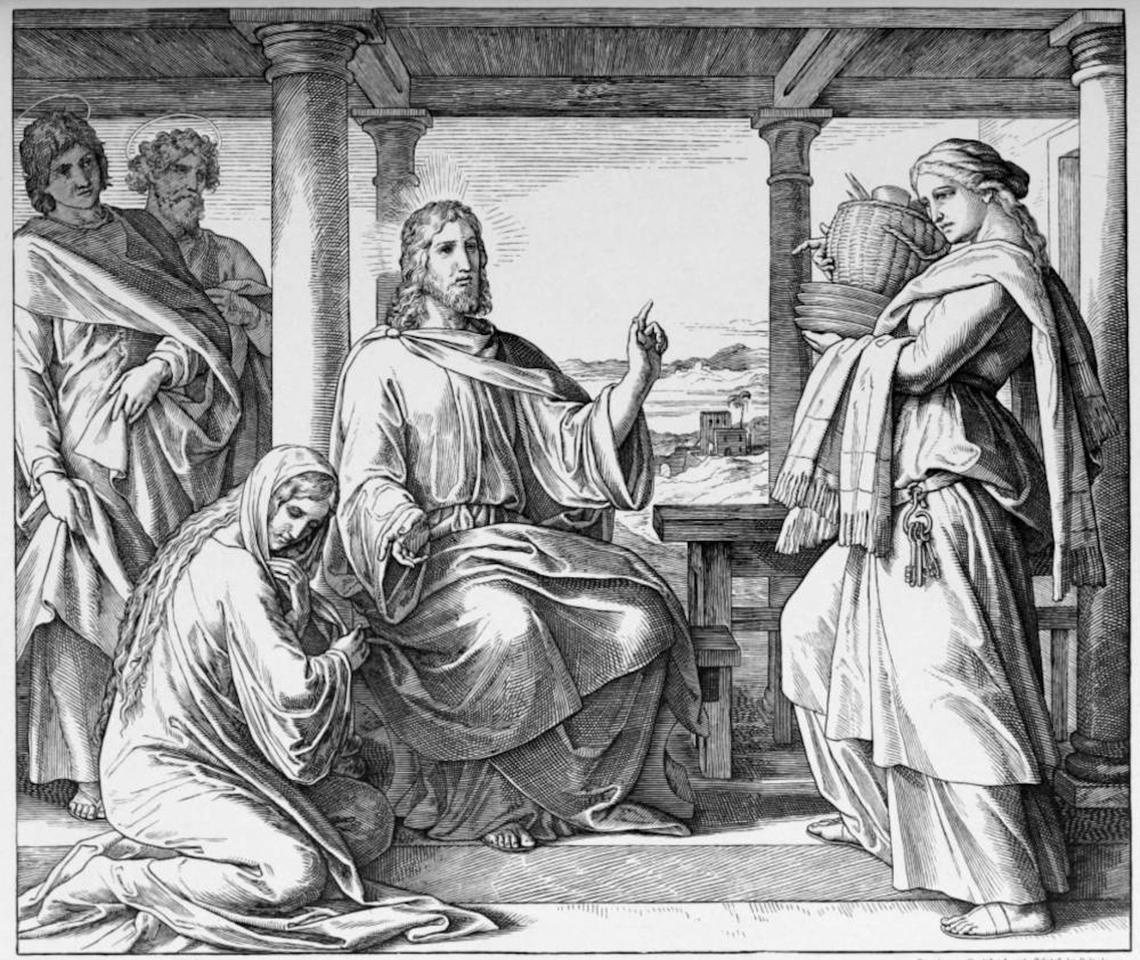  Jesus in the ‘House of Martha' by Julius Schnorr von Carolsfeld (1794–1872). Artist: Julius Schnorr von Carolsfeld. Source Die Bibel in Bildern, Plate 196 