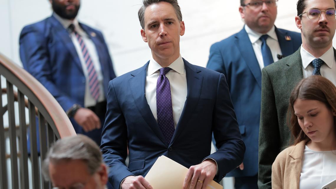 U.S. Sen. Josh Hawley (R-MO), center, arrives to a closed door briefing with senators on the U.S. the capture of Venezuela’s Nicolas Maduro and his wife, Cilia Flores, at the U.S. Capitol on Jan. 7, 2026, in Washington, D.C.  (Anna Moneymaker/Getty Images/TNS)