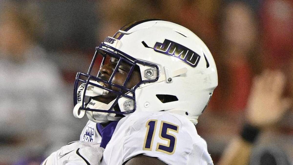  Sep 5, 2025; Louisville, Kentucky, USA; James Madison Dukes defensive end Sahir West (15) reacts during the second half against the Louisville Cardinals at L&N Federal Credit Union Stadium. Mandatory Credit: Jamie Rhodes-Imagn Images | Jamie Rhodes-Imagn Images 