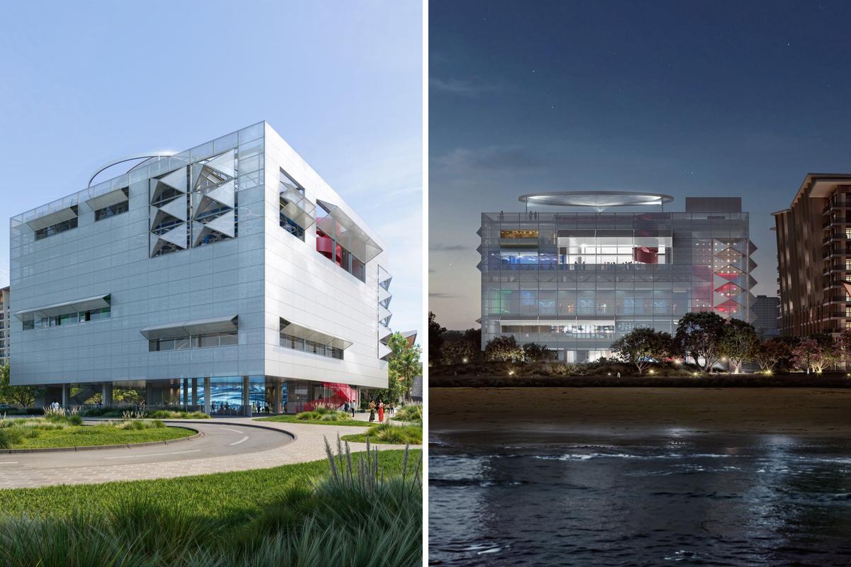  Renderings of the Meitu Cube Visual Arts Center: The breathable PTFE facade gives the building a “light and mysterious” feel, and the structure “glows at dusk along the city's coast,” the company said. 