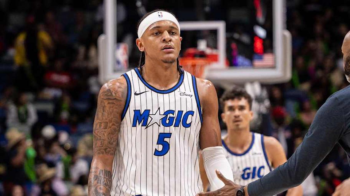  Apr 5, 2026; New Orleans, Louisiana, USA; Orlando Magic forward Paolo Banchero (5) looks on against the New Orleans Pelicans during the second half at Smoothie King Center. | Stephen Lew-Imagn Images 