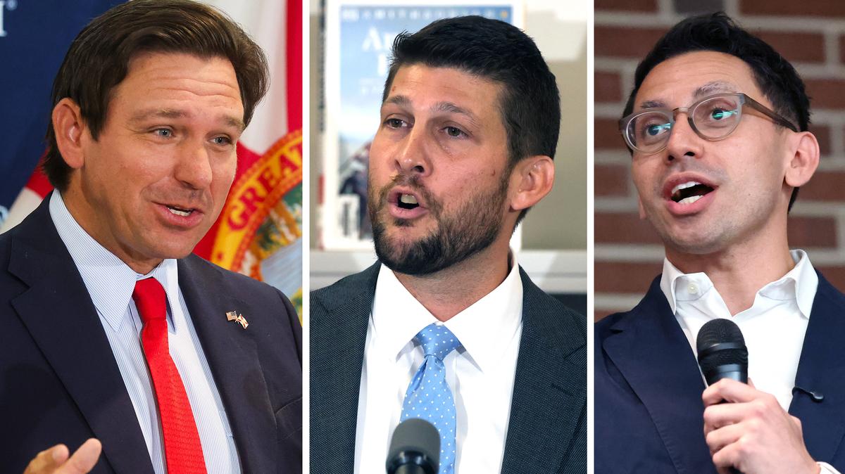 From left, Florida Gov. Ron DeSantis, Florida Attorney General James Uthmeier and Florida Republican primary gubernatorial candidate James Fishback are all leaning into the message that White males are under attack and need defending. (Dirk Shadd/Tampa Bay Times and Joe Burbank/Orlando Sentinel)