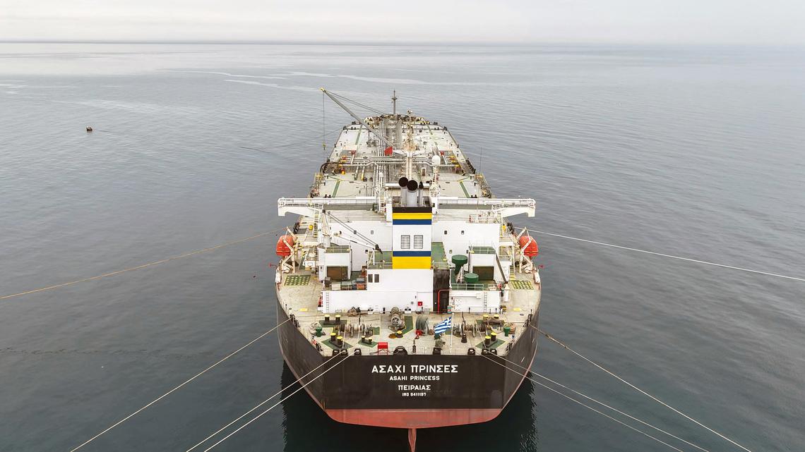 An aerial photograph shows the Greek-flagged crude oil tanker "Asahi Princess" off the coast of the Syrian Baniyas port refinery, along the Mediterranean Sea on on April 15, 2026.