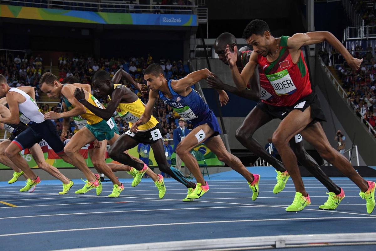  Aug 18, 2016; Rio de Janeiro, Brazil; Ryan Gregson (AUS), Ronald Musagala (UGA), Matthew Centrowitz (USA),Asbel Kiprop (KEN) and Abdalaati Iguider (MAR) at the start of the 1,500m during the 2016 Rio Olympics at Estadio Olimpico Joao Havelange. Mandatory Credit: Kirby Lee-USA TODAY Sports 