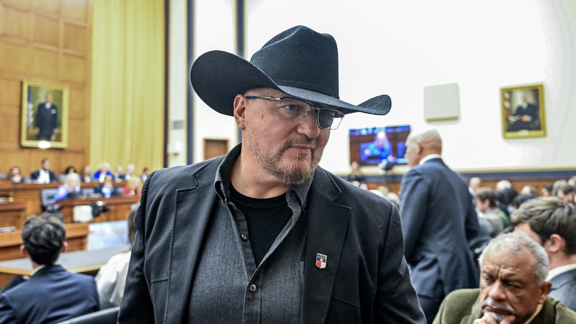 Stewart Rhodes, the leader of the Oath Keepers whose Jan. 6, 2021, sentence was commuted by President Donald Trump, attends a hearing on Capitol Hill in Washington on Jan. 22. The U.S. attorney's office in Washington asked a federal appeals court on Tuesday to throw out the convictions of 12 members of two far-right extremist groups, the Proud Boys and the Oath Keepers militia, after they were found guilty years ago of charges in connection with the 2021 U.S. Capitol riot.