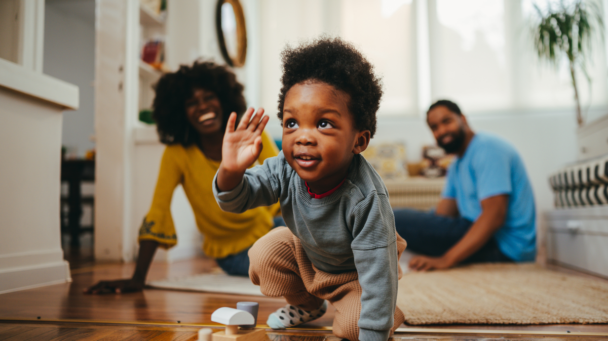 A playful happy african american child is playing a game with a train toy while his parents are laughing from the background. 