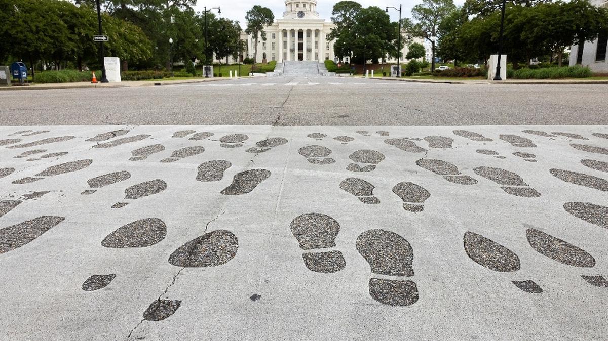 A crosswalk bearing images of footprints leading to the state capitol, in Montgomery, Alabama, U.S., May 8, 2026. REUTERS/Kevin Mohatt