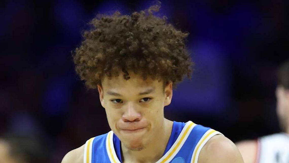  Mar 22, 2026; Philadelphia, PA, USA; UCLA Bruins guard Trent Perry (0) reacts against the UConn Huskies in the first half during a second round game of the men's 2026 NCAA Tournament at Xfinity Mobile Arena. Mandatory Credit: Bill Streicher-Imagn Images | Bill Streicher-Imagn Images 