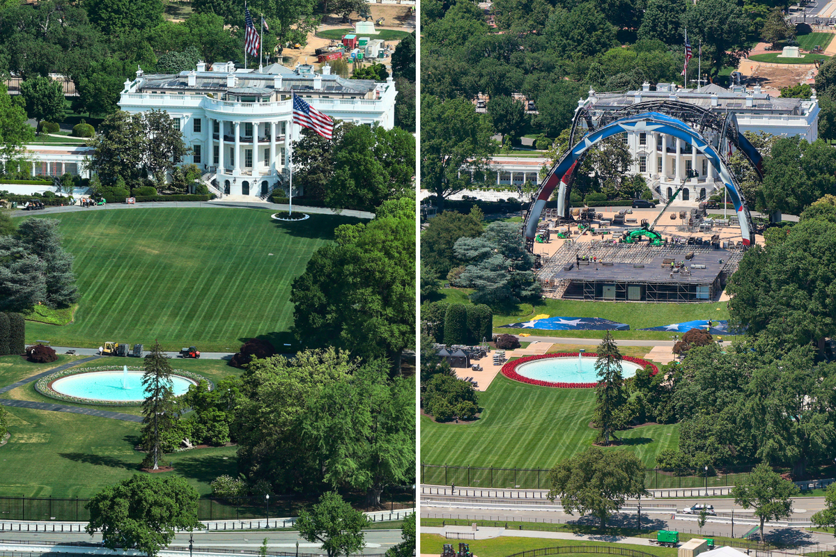  The White House South Lawn on April 17, 2026, left, and Construction of the UFC Octagon continues on the South Lawn as seen from the Washington Monument on May 29, 2026, right. 