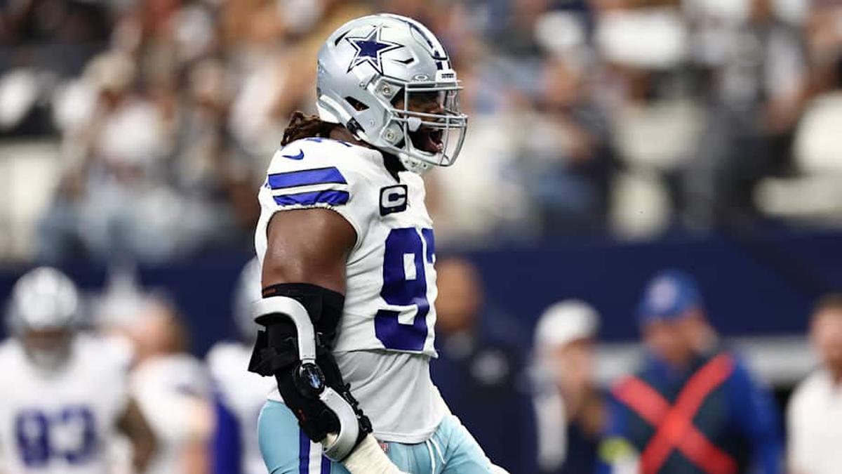  Sep 14, 2025; Arlington, Texas, USA; Dallas Cowboys defensive tackle Osa Odighizuwa (97) reacts after a play against the New York Giants during the second quarter at AT&T Stadium. Mandatory Credit: Kevin Jairaj-Imagn Images | Kevin Jairaj-Imagn Images 