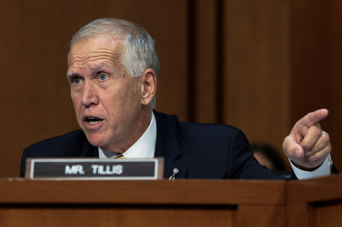U.S. Senator Thom Tillis (R-NC) speaks during Acting U.S. Attorney General Todd Blanche's Senate Judiciary Committee confirmation hearing on his nomination to be attorney general, on Capitol Hill in Washington, D.C., U.S., July 15, 2026. REUTERS/Evelyn Hockstein