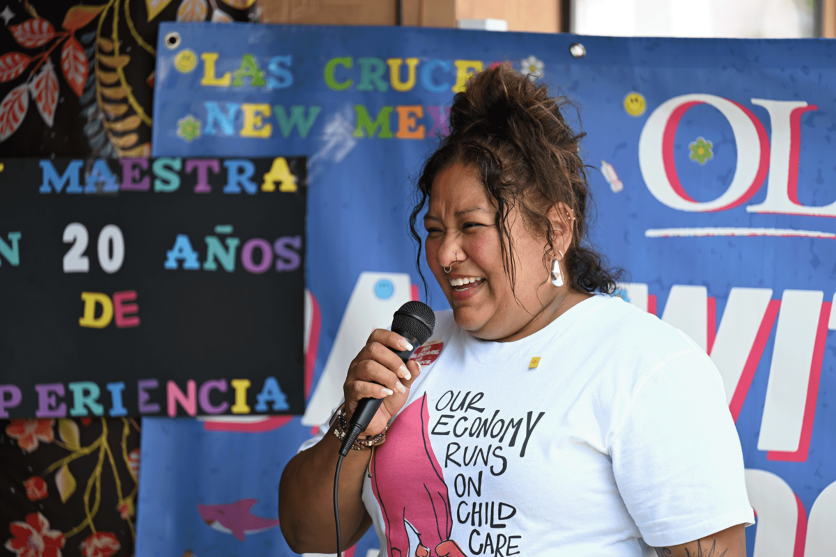  Olga Grays, owner of Mrs. Olga's Daycare in Las Cruces, speaks during a "Day Without Child Care" event on May 12, 2025. Credit: Leah Romero/Source NM