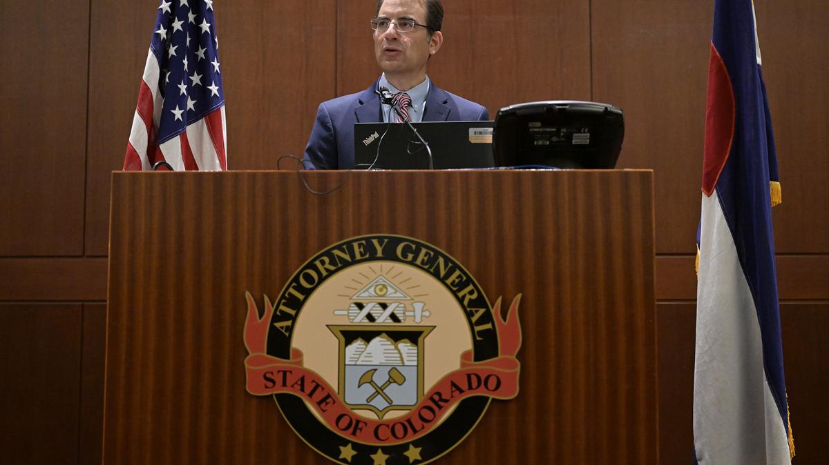 Colorado Attorney General Phil Weiser announced that a Mesa County sheriff’s deputy violated Colorado law when he shared information with federal officials that led to a Utah college student’s immigration arrest, during a press conference at the Ralph Carr Judicial Center in Denver on Tuesday, July 22, 2025. (Hyoung Chang/The Denver Post/TNS)