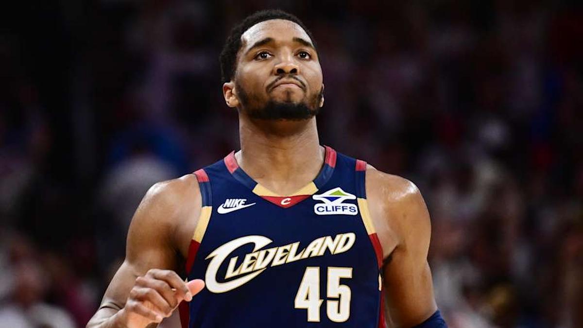  May 9, 2026; Cleveland, Ohio, USA; Cleveland Cavaliers guard Donovan Mitchell (45) reacts after the Cavaliers beat the Detroit Pistons in game three in the second round of the 2026 NBA Playoffs at Rocket Arena. | Ken Blaze-Imagn Images 