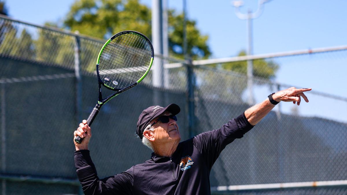 Larry Hayes, 86-year-old 65+ tennis league captain, practices with his team at Cuesta Park in Mountain View, Calif., on Wednesday, May 13, 2026.  (Shae Hammond/Bay Area News Group)