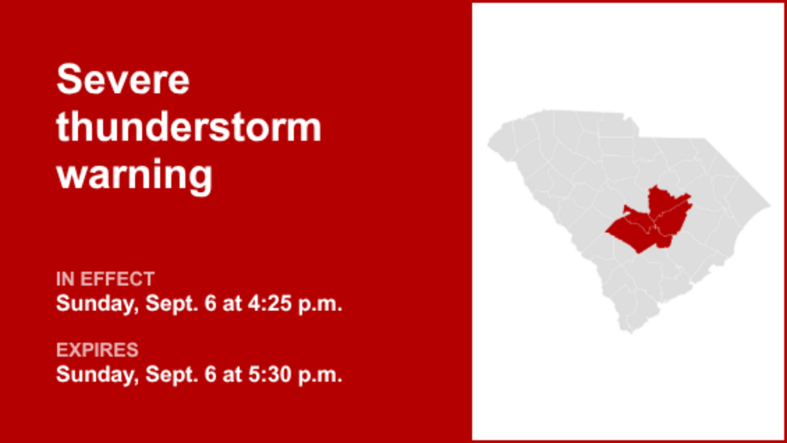 UPDATE: Severe thunderstorm warning active for South Carolina Sunday evening 