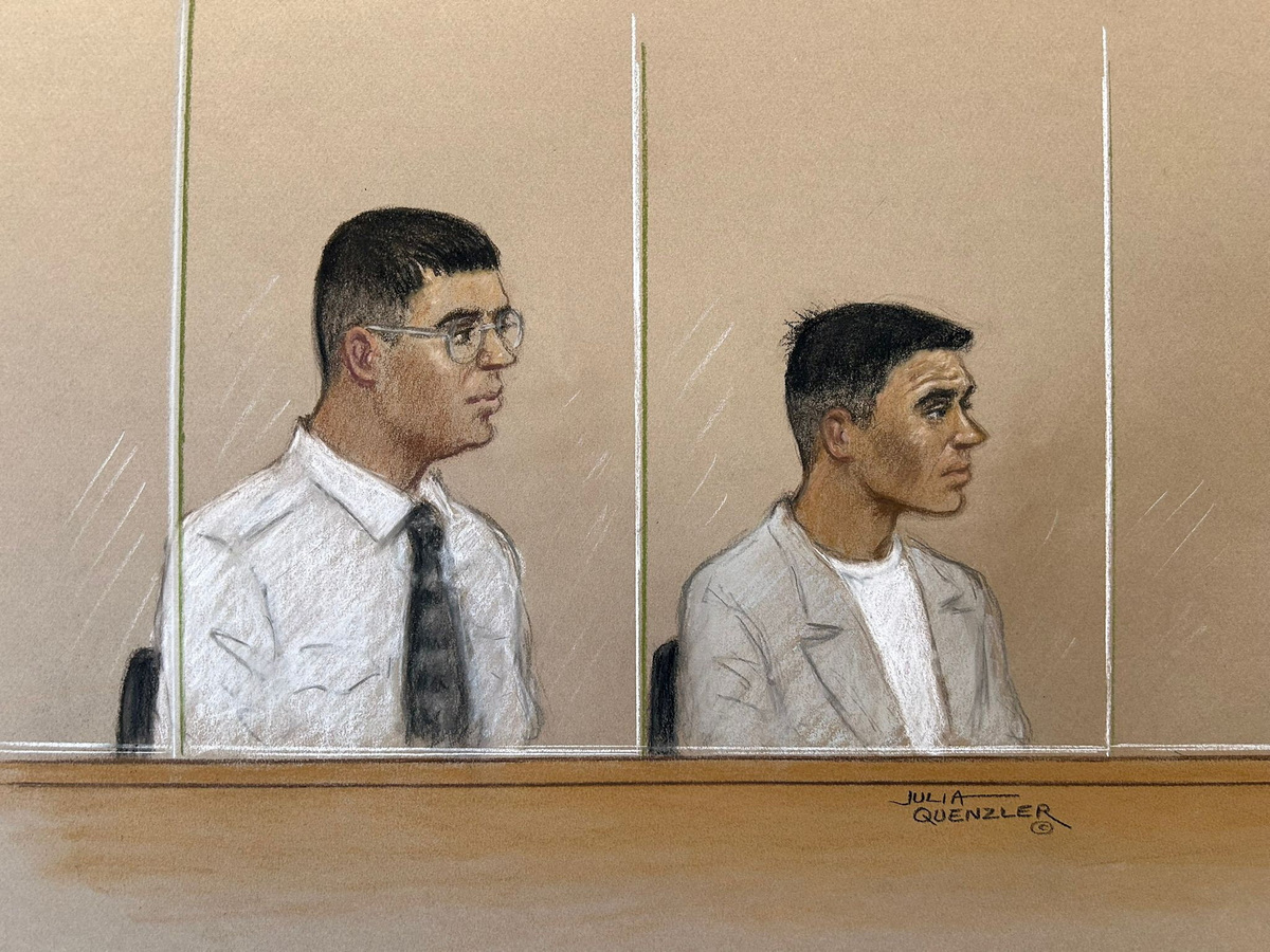 Nandito Badea and George Stana, two Romanian men accused of stabbing the Iran International journalist Pouria Zeraati near his home in Wimbledon in March 2024, appear at Woolwich Crown Court in London, Britain, May 18, 2026, in a courtroom sketch. REUTERS/Julia Quenzler
