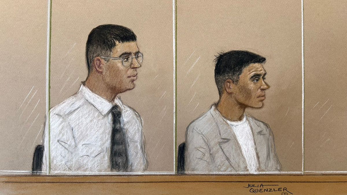 Nandito Badea and George Stana, two Romanian men accused of stabbing the Iran International journalist Pouria Zeraati near his home in Wimbledon in March 2024, appear at Woolwich Crown Court in London, Britain, May 18, 2026, in a courtroom sketch. REUTERS/Julia Quenzler