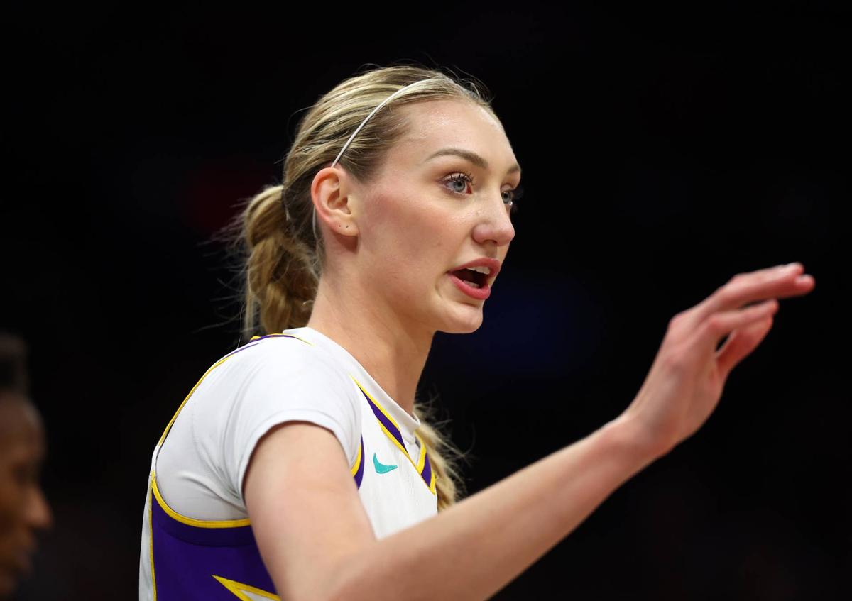  Sep 9, 2025; Phoenix, Arizona, USA; Los Angeles Sparks forward Cameron Brink (22) against the Phoenix Mercury during a WNBA game at PHX Arena. Mandatory Credit: Mark J. Rebilas-Imagn Images 