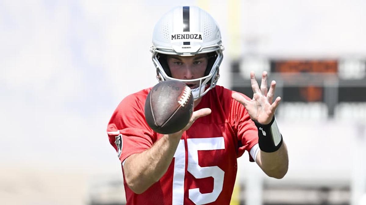  May 2, 2026; Henderson, NV, USA; Las Vegas Raiders quarterback Fernando Mendoza (15) runs through a drill during a Rookie Minicamp at Intermountain Health Performance Center. Mandatory Credit: Candice Ward-Imagn Images | Candice Ward-Imagn Images 