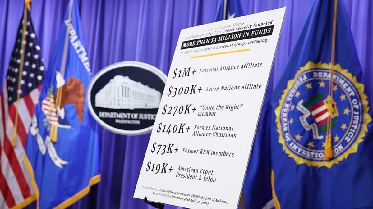 A poster is displayed before a news conference by the Justice Department announcing charges against the Southern Poverty Law Center, a civil rights group, over its past use of paid informants to infiltrate extremist groups in Washington on Tuesday.