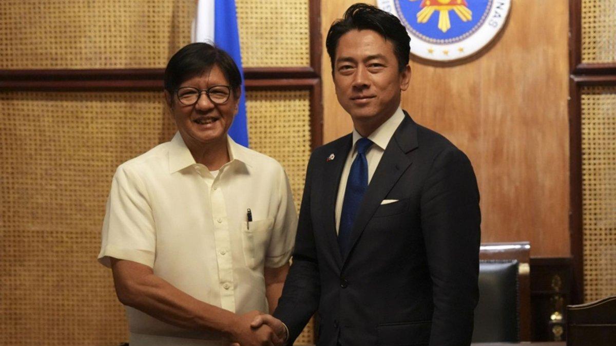 Philippine President Ferdinand Marcos Jr. (L), greets Japan's Defense Minister Shinjiro Koizumi (R) at the Malacanang presidential palace in Manila, Philippines, 05 May 2026. The Japanese official is in Manila to boost defense cooperation between Japan and the Philippines. Photo by AARON FAVILA / EPA