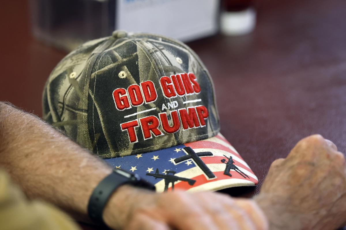  A “God Guns and Trump” hat seen at a campaign event for Representative Julia Letlow on May 6, 2026, in Franklinton, Louisiana. 