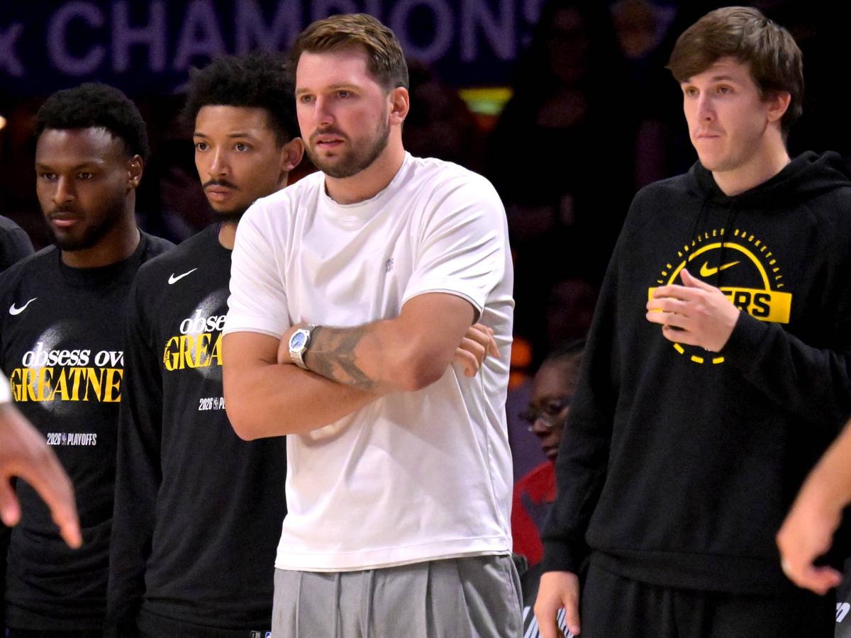  Los Angeles Lakers guard Luka Doncic (77), guard Austin Reaves (15) and guard Bronny James (9). Jayne Kamin-Oncea-Imagn Images